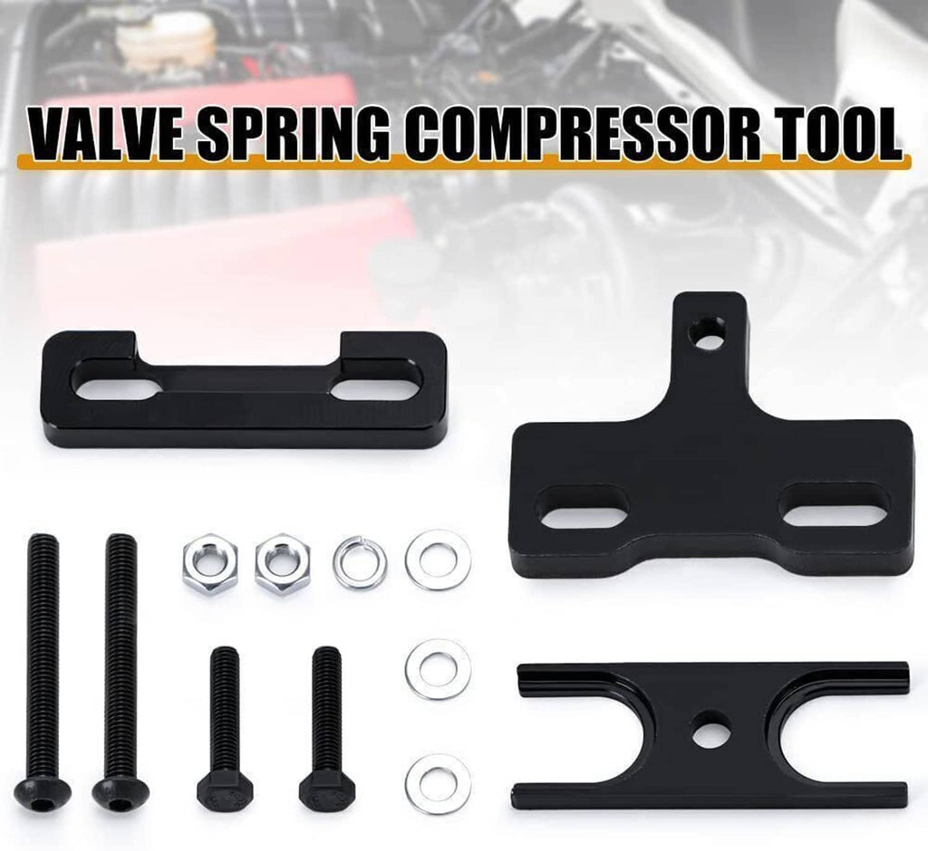 Valve spring compressor tool kit with black frame, screws, washers, and hex nuts