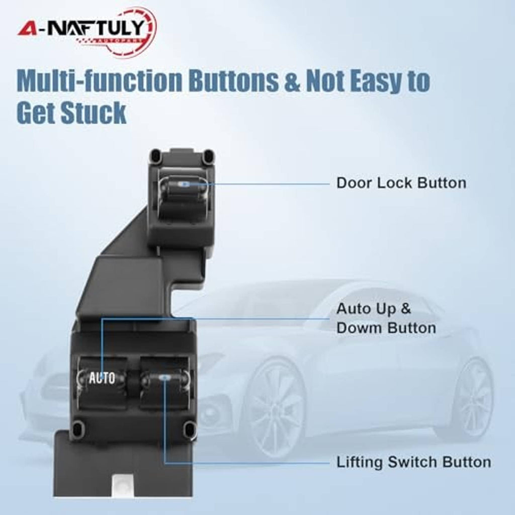 Black power window switch with labeled control buttons including door lock and auto