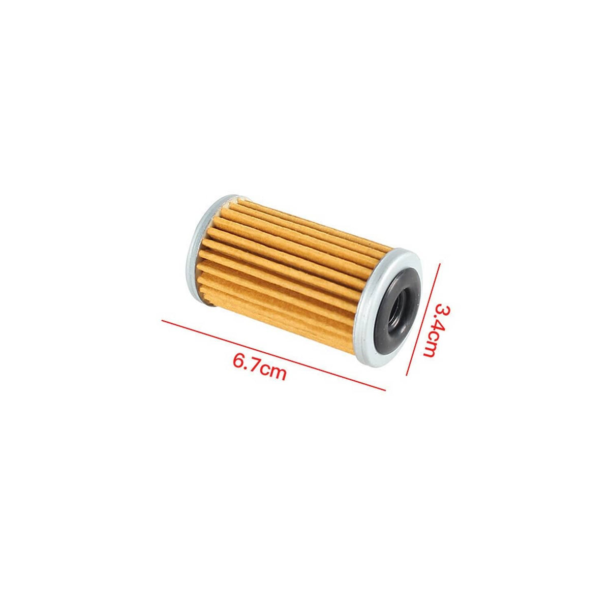 Transmission oil filter cartridge size view: orange pleated media with gray end caps