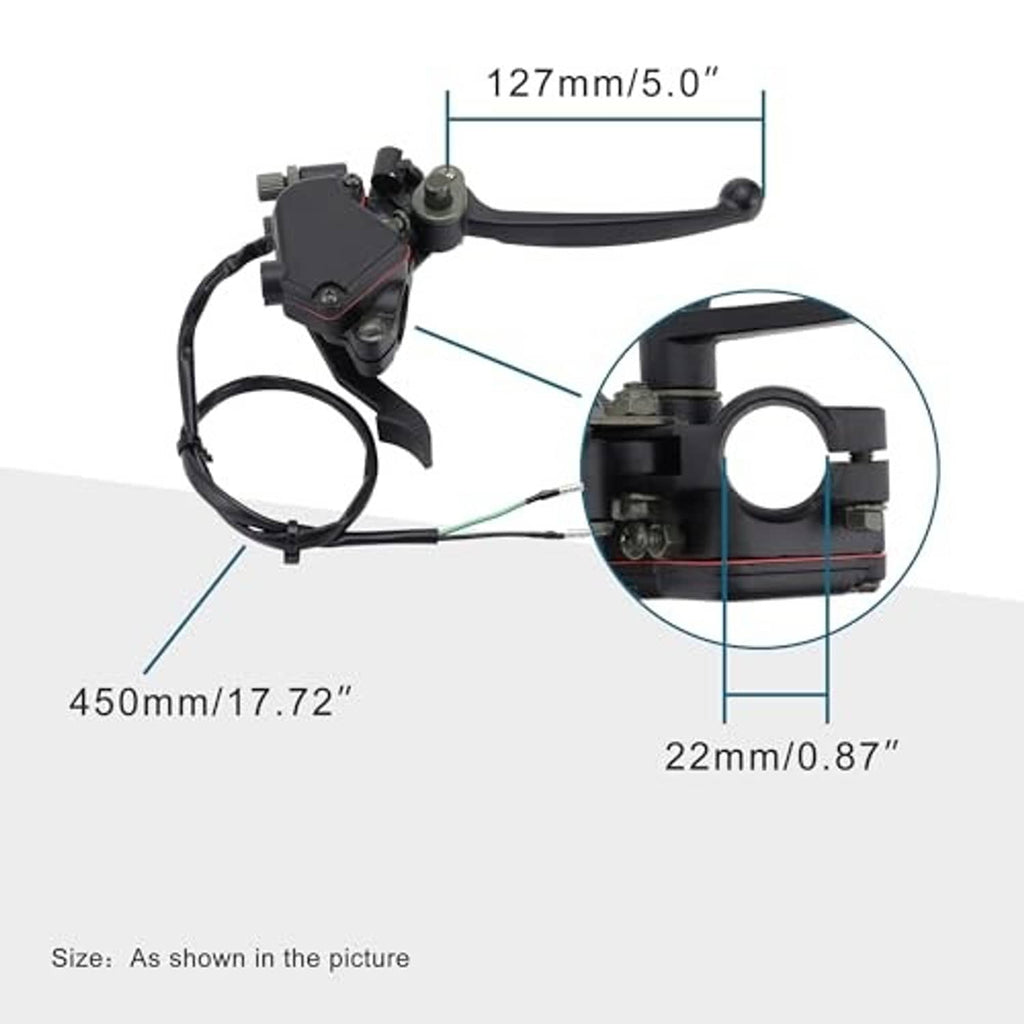 Brake lever and thumb throttle assembly with labeled measurements and wiring diagram
