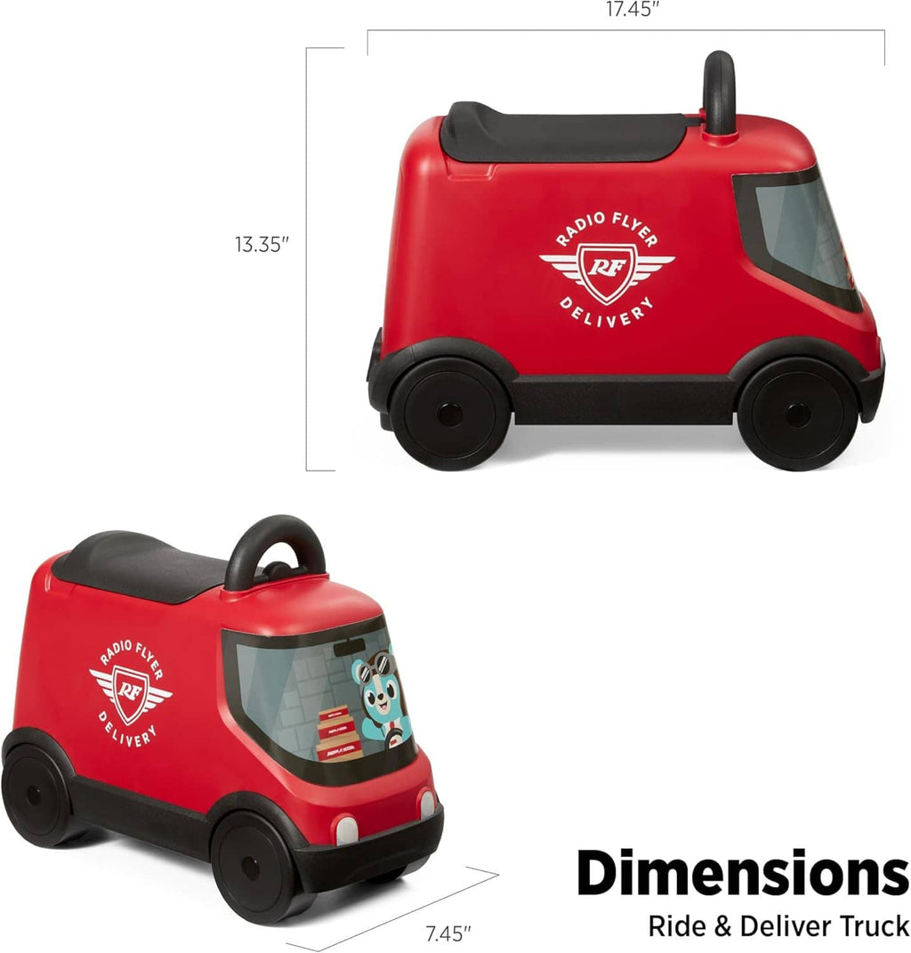 Red ride-on delivery truck toy with clear window, stationary handle, and round wheels