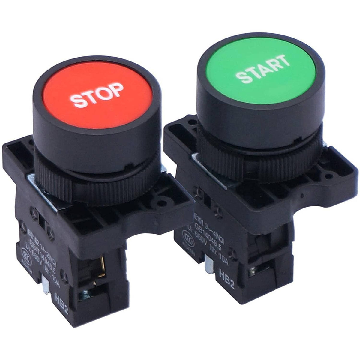 Two-piece start/stop push button assembly with green START and red STOP caps