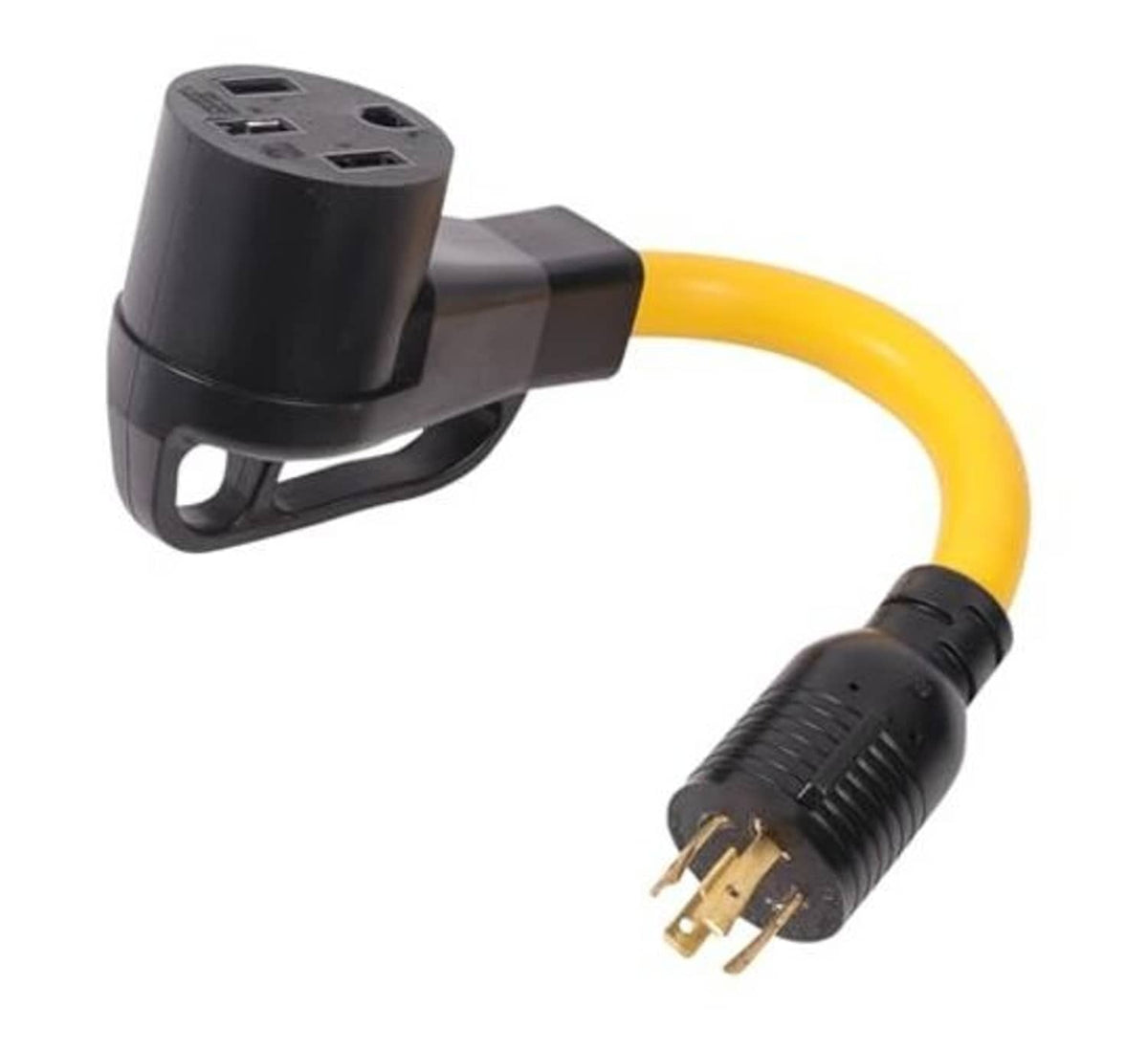 Twist-lock power plug adapter with yellow cable, black 4-prong connector end