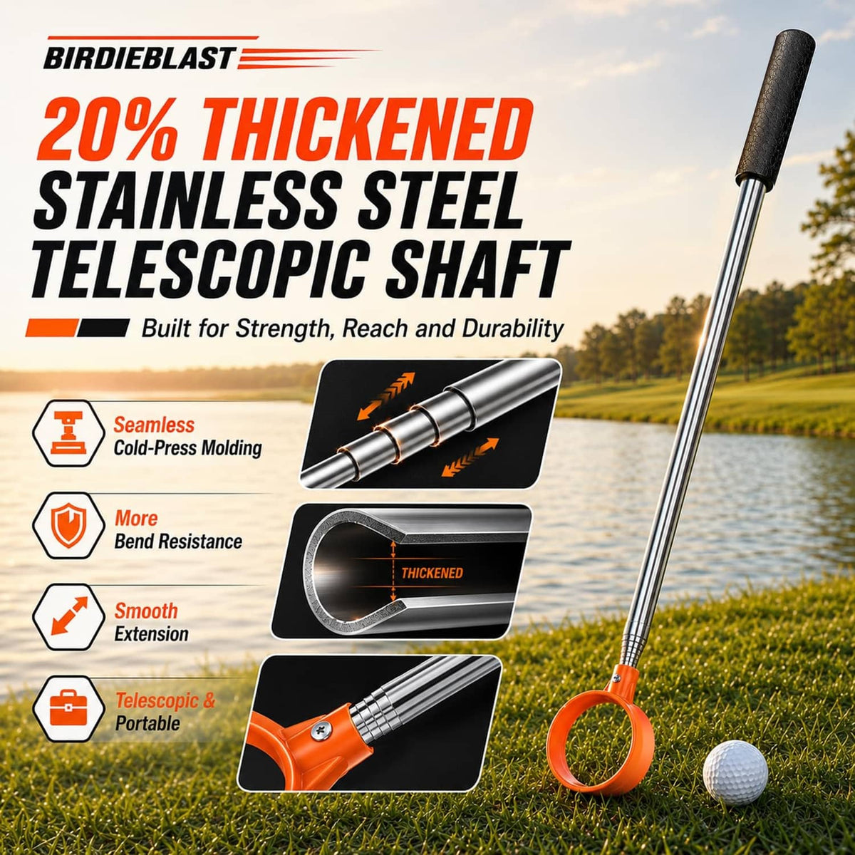 Orange scoop head and chrome telescopic shaft golf ball retriever with rubber grip