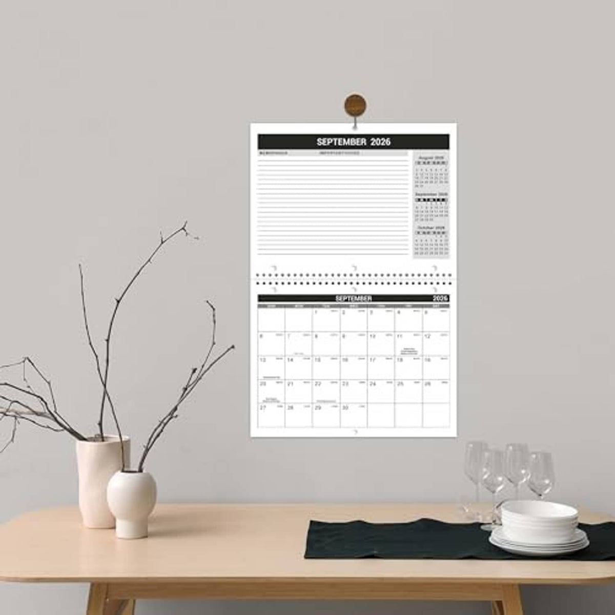September 2026 wall calendar sheet with monthly grid and lined writing section