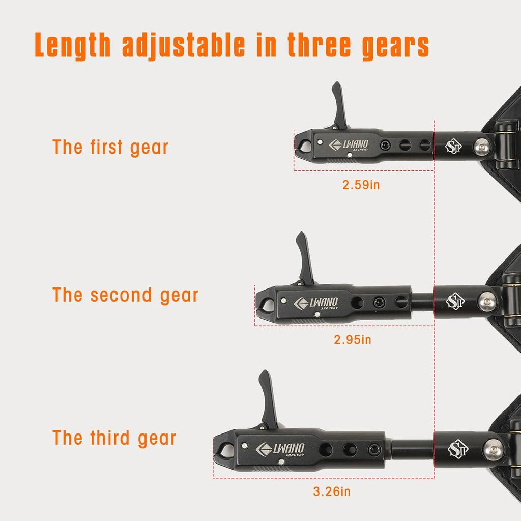 Adjustable archery bow trigger release aid head with three length gear settings.