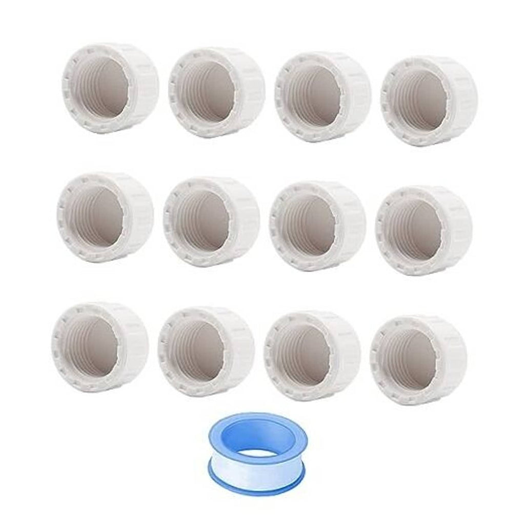 White PVC female thread pipe end cap plugs, 12-pack, ridged exterior; sealing tape roll