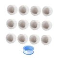 White PVC female thread pipe end cap plugs, 12-pack, ridged exterior; sealing tape roll