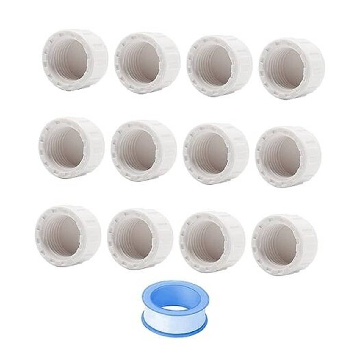 White PVC female thread pipe end cap plugs, 12-pack, ridged exterior; sealing tape roll