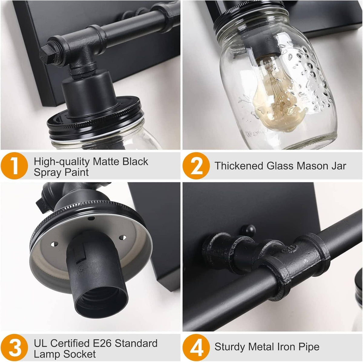 Matte black 2-light vanity fixture with mason-jar glass and E26 lamp sockets