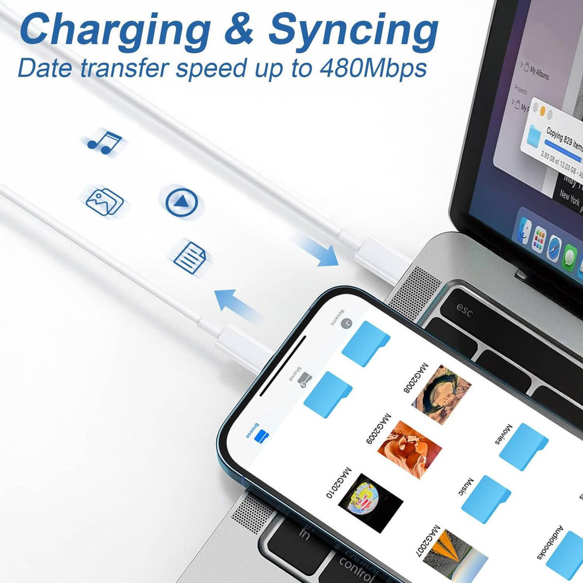 White charging and syncing USB-C cable connecting to a phone and laptop