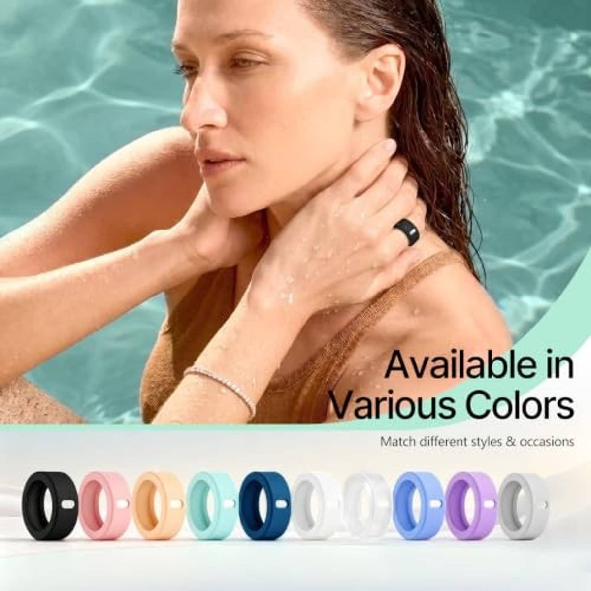 Silicone ring covers lineup in various colors, shown along the bottom edge