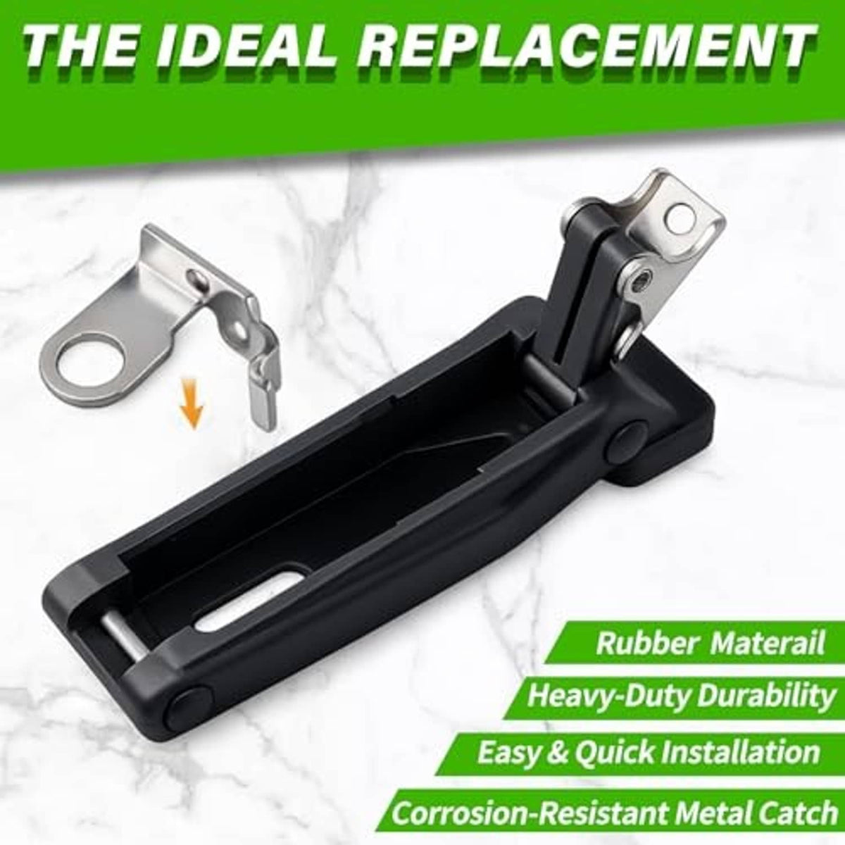 Front storage rack latch with black handle and metal mounting catch bracket