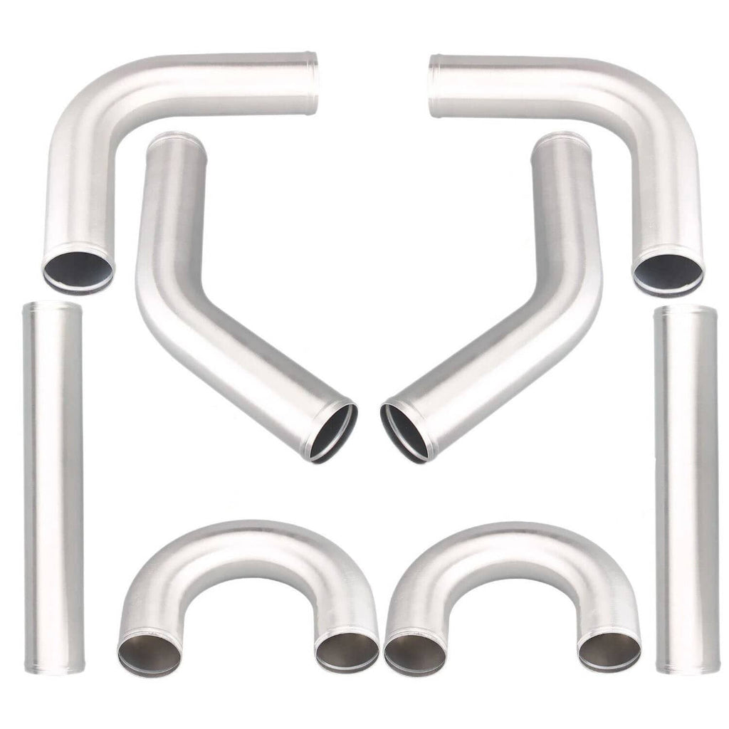 Silver aluminum turbo intercooler elbow pipe kit, 8-piece set with U-bends