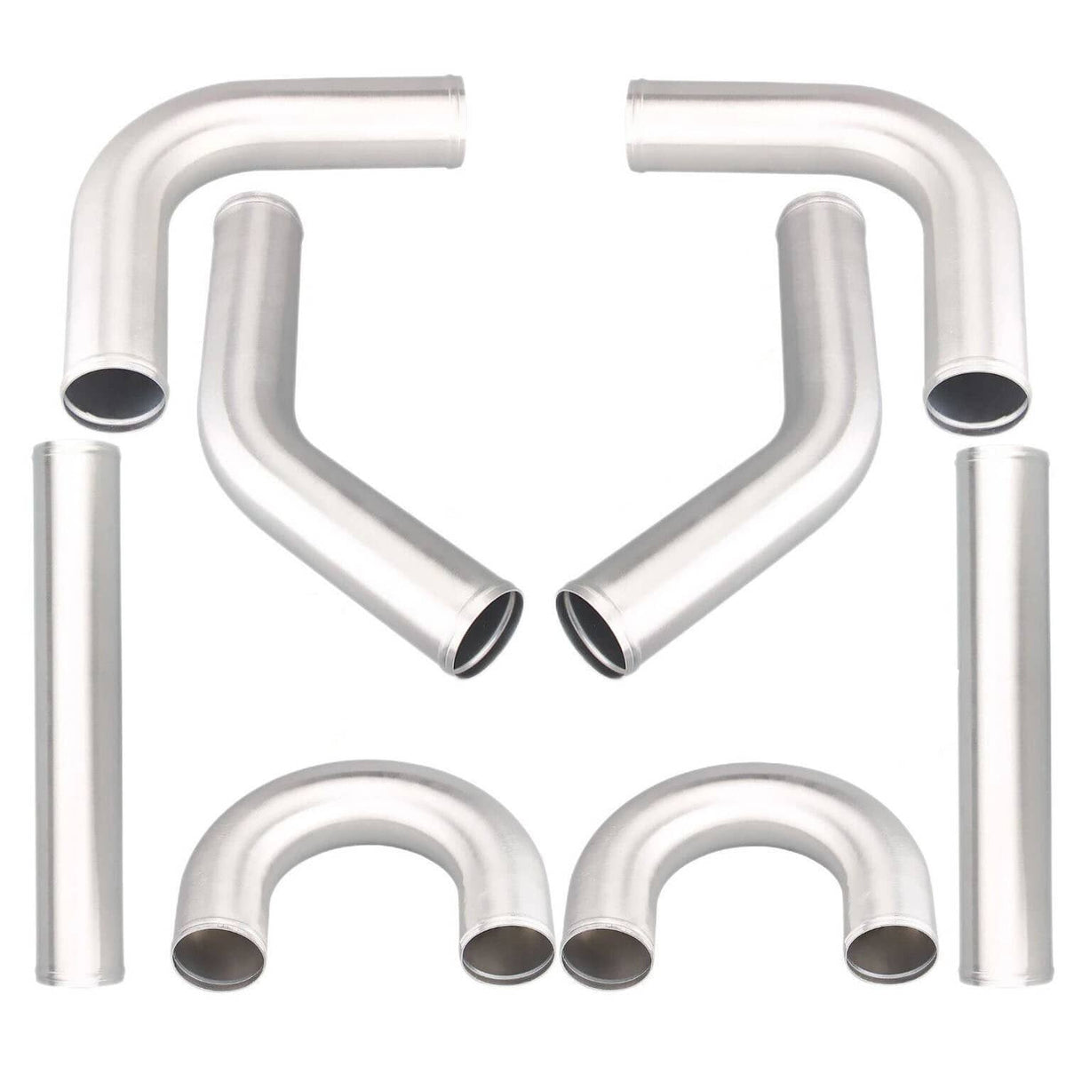Silver aluminum turbo intercooler elbow pipe kit, 8-piece set with U-bends