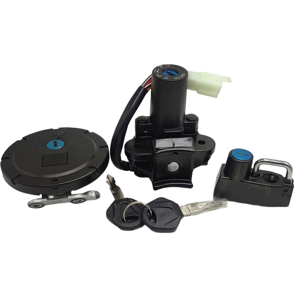 Ignition switch assembly with gas cap lock, keys, and wiring