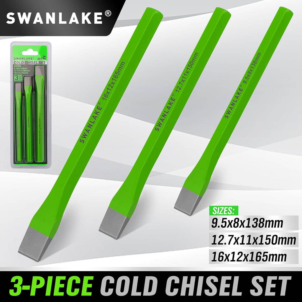 SWANLAKE 3-piece cold chisel set blister pack with three green chisels
