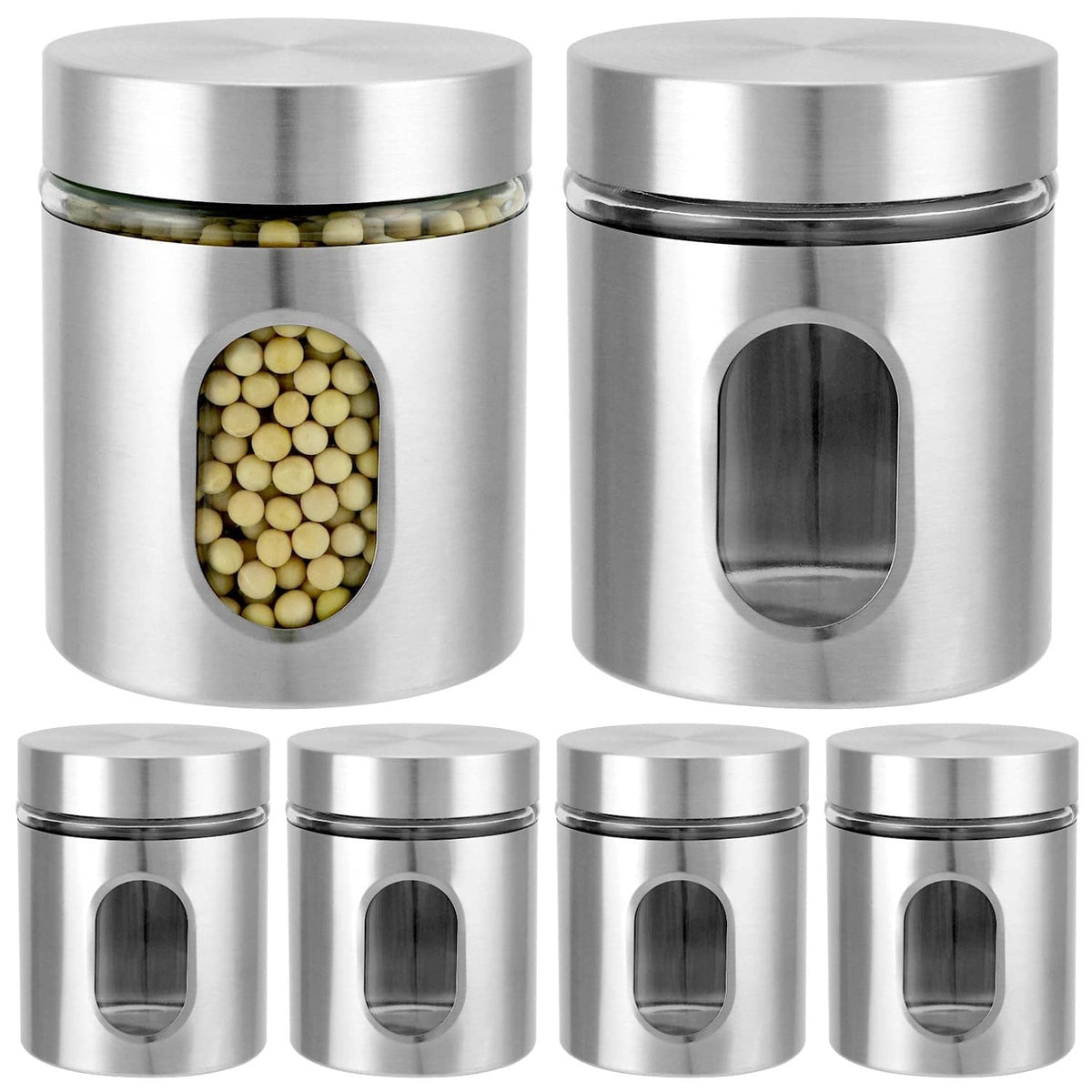 Stainless steel kitchen canisters set with clear ingredient windows and round lids