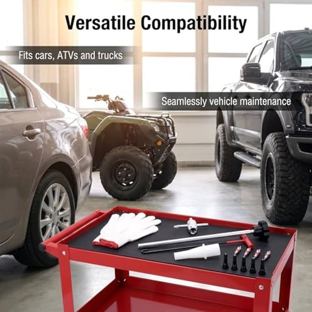 Tire valve core removal kit in red portable toolbox with gloves and tools