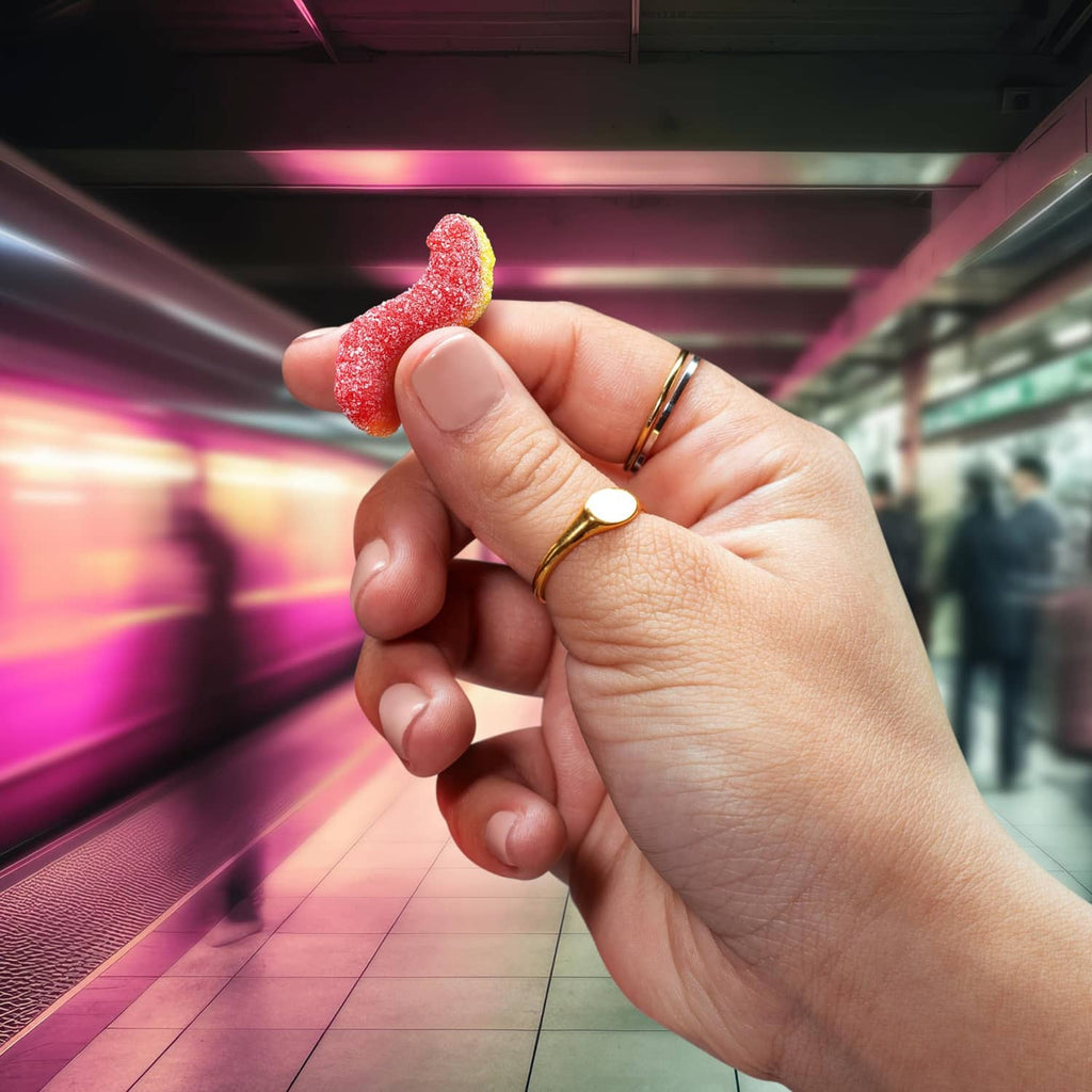 Hand holding a red and yellow sour gummi crawler candy
