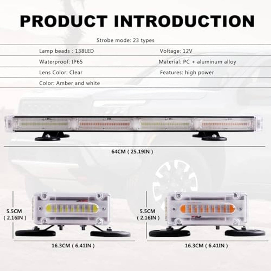 Clear-lens LED strobe light bar with mounting feet and labeled dimensions.