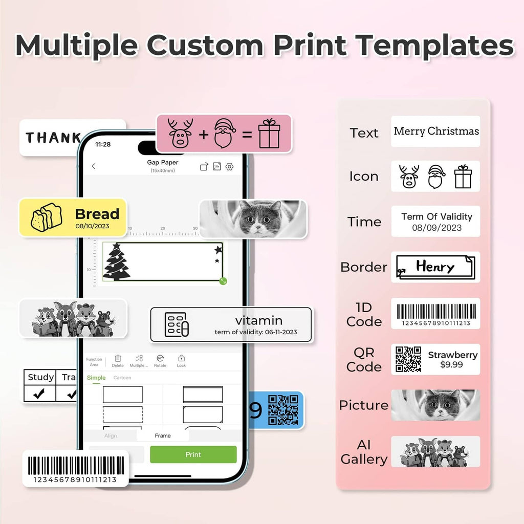 Pink label maker printer with custom template preview on phone