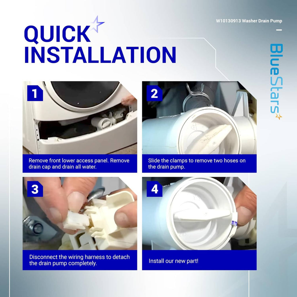 Washer drain pump assembly quick installation steps showing wiring and drain cap, white