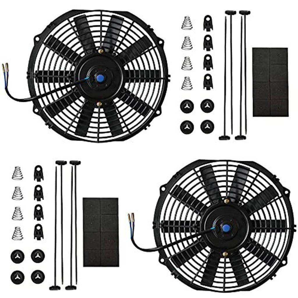 Two 12-inch radiator cooling fans with black circular grille, wiring leads, and mounting parts