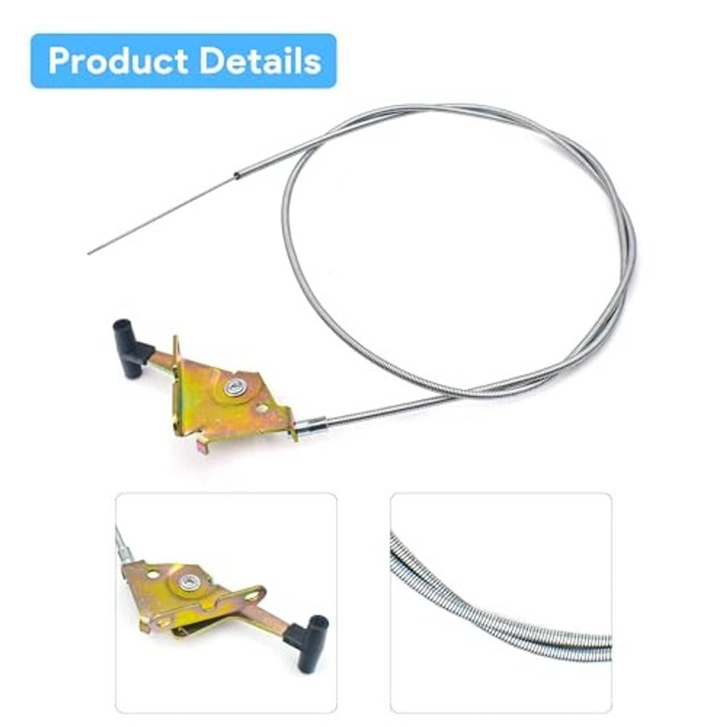 Throttle cable assembly with yellow-gold mounting plate, black rubber handle, looped cable
