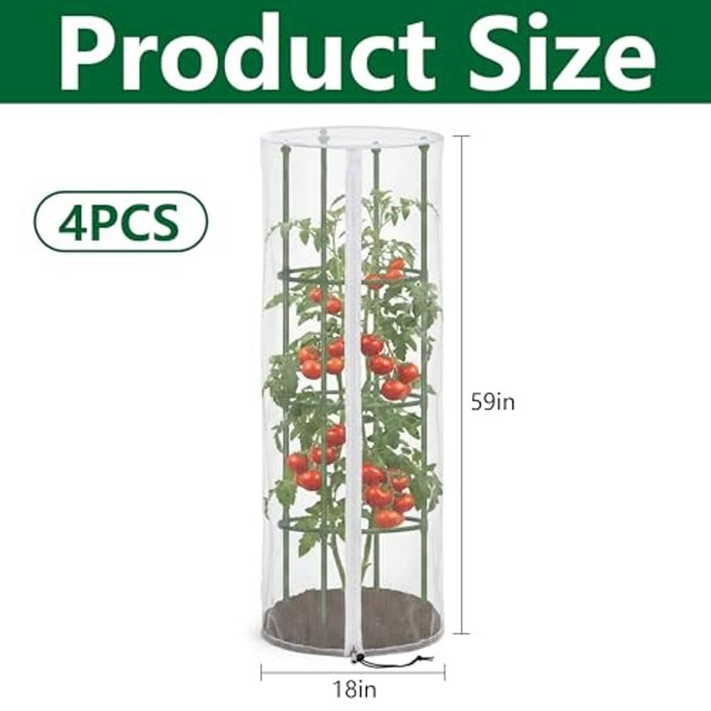 White mesh bird netting cover for a tomato trellis, standing with plant inside