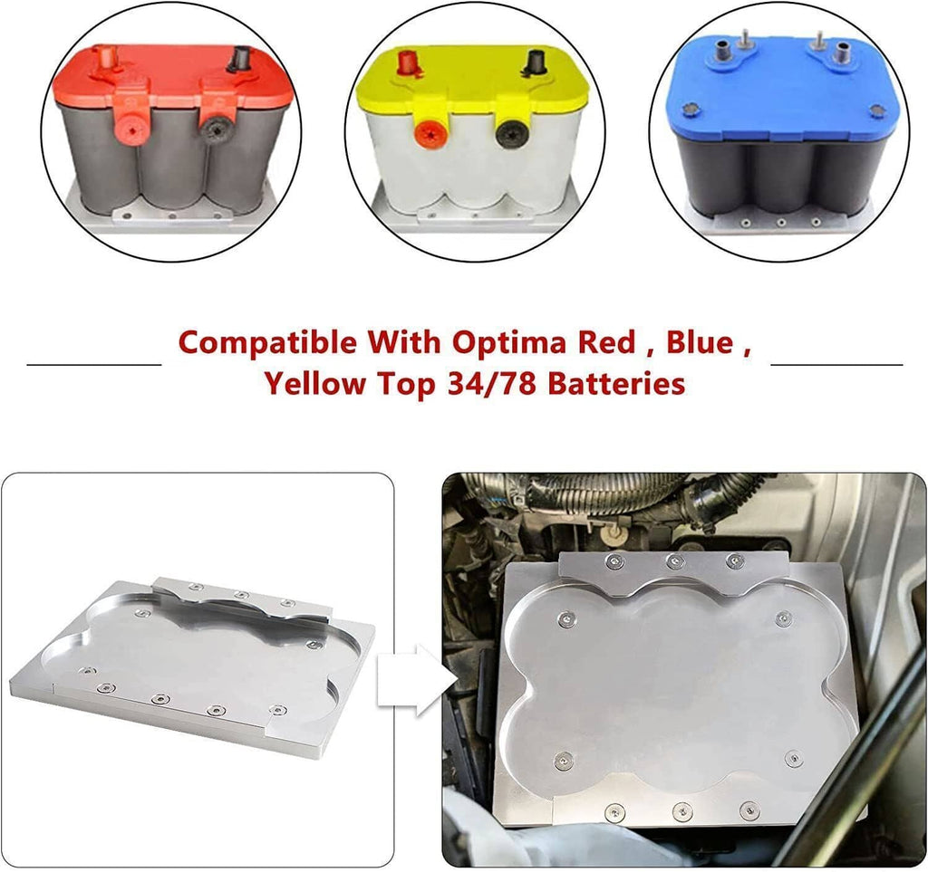Battery tray kit with silver plate and adapters for red, blue, and yellow battery tops