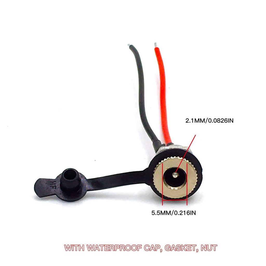 DC power jack female connector with waterproof cap and gasket on red/black leads