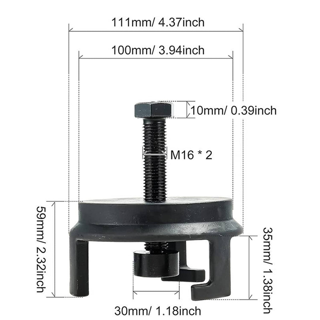 Harmonic balancer puller tool with size diagram showing screw and base measurements