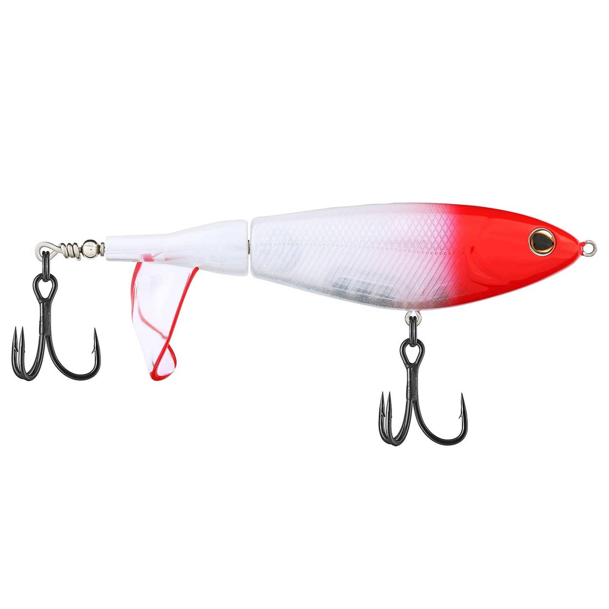 White and red topwater fishing lure with two treble hooks