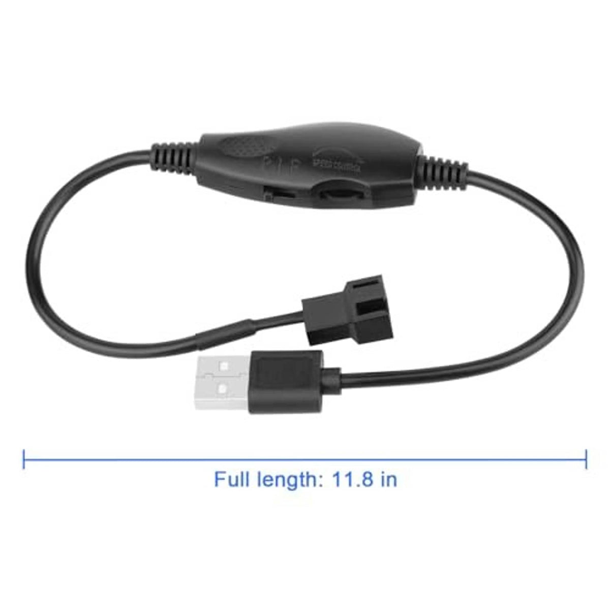 Black USB fan adapter with two connectors and full cable length measurement line