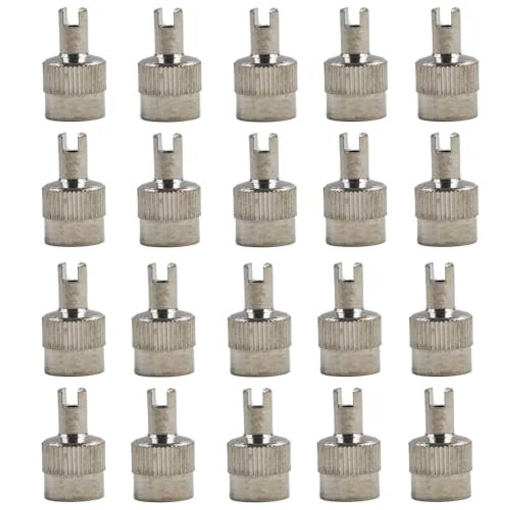 Twenty silver tire valve stem caps, electroplated metal, slotted design