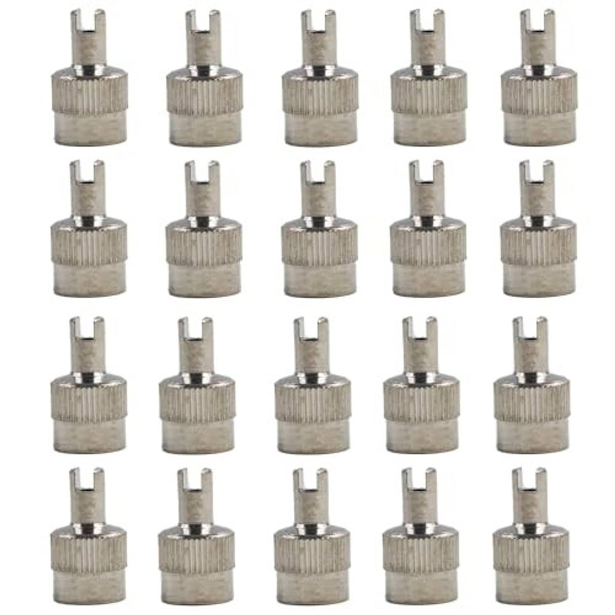 Twenty silver tire valve stem caps, electroplated metal, slotted design