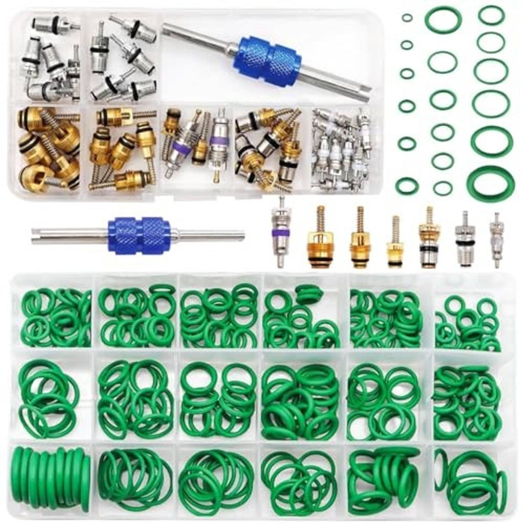Car A/C repair kit organizer with blue valve core tool, green O-ring assortment, brass cores