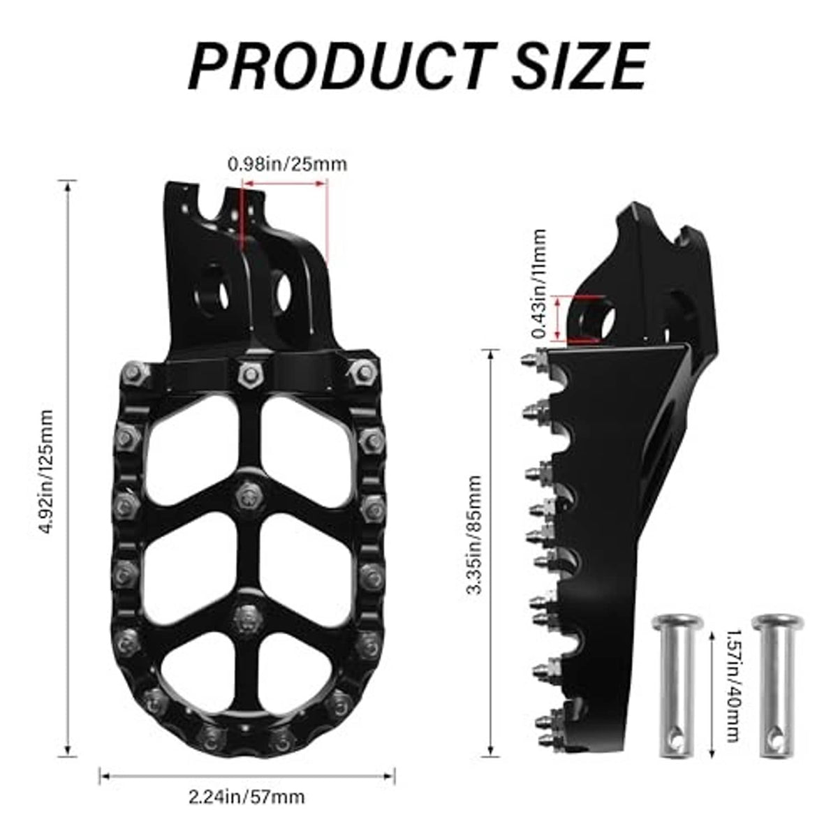 Foot peg dimensions diagram with width and height measurements and mounting pin size