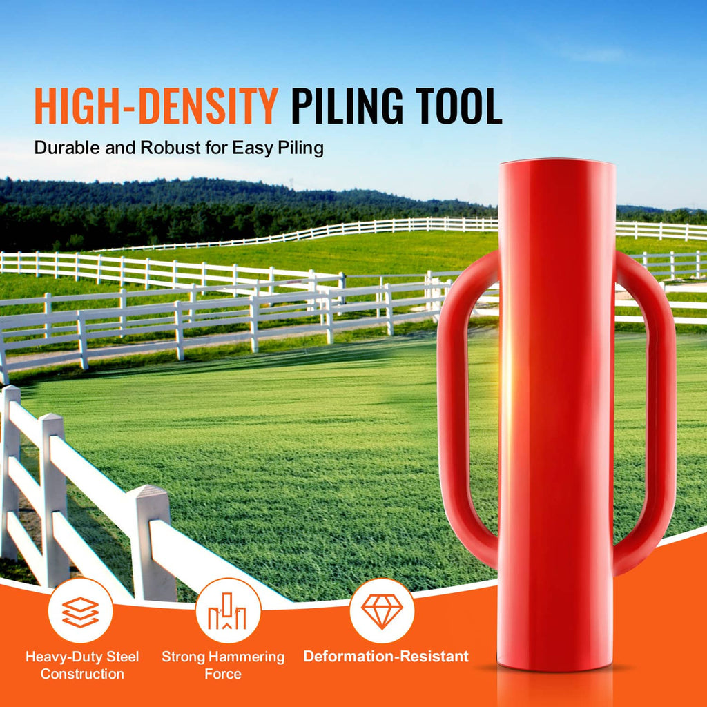 Red fence post pounder with dual side handles and steel driver tube
