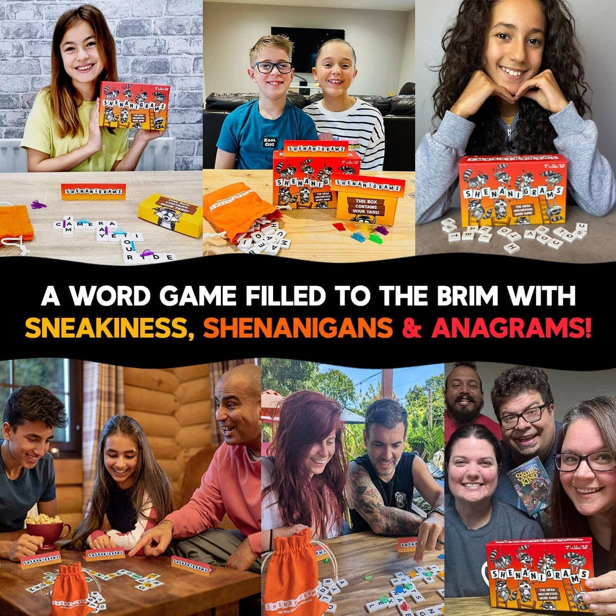 Shenanigrams word game set with children playing and letter tiles on tables