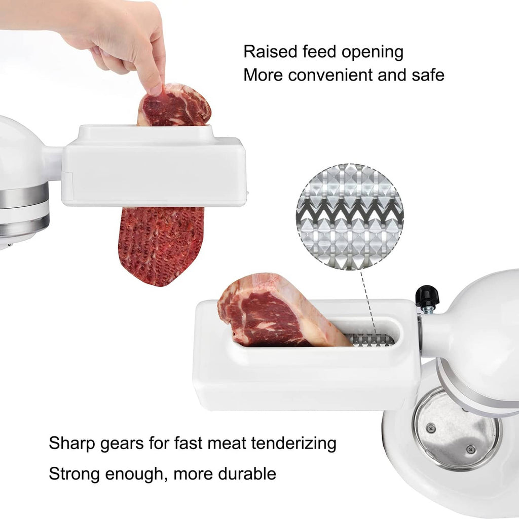 Meat tenderizer attachment with raised feed opening and ribbed tenderizing roller