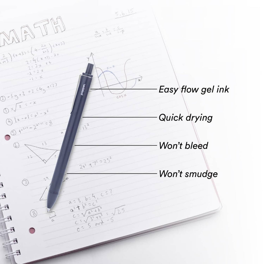 Blue retractable gel pen with gold clip; easy flow ink, quick drying, won’t bleed