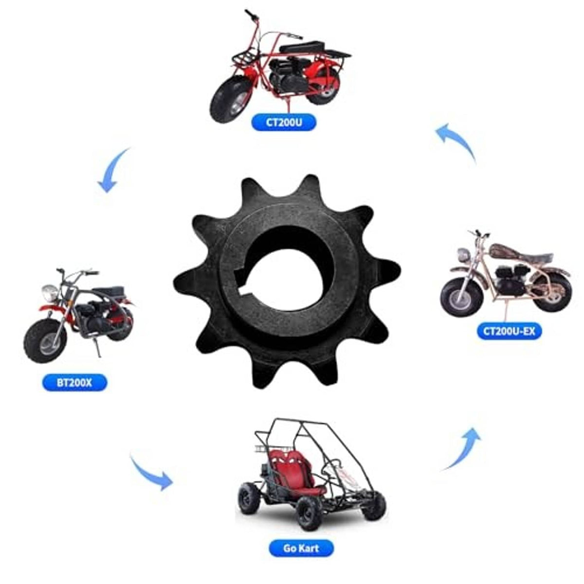 10-tooth chain sprocket with center bore, dark metal finish, isolated view
