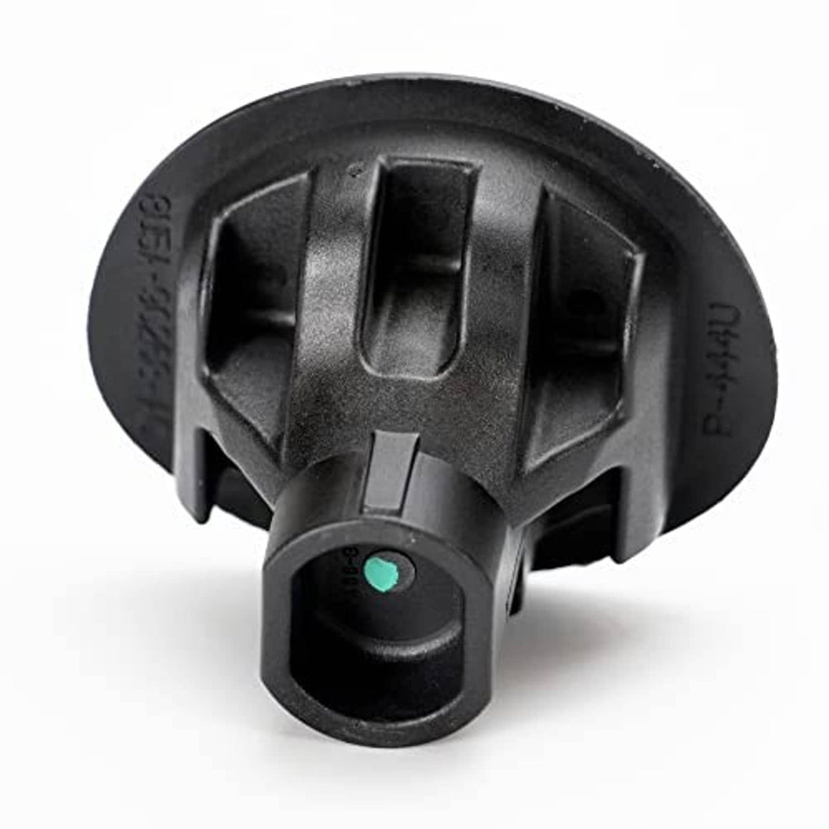 Black locking gas cap latch piece with keyhole and raised mounting tabs