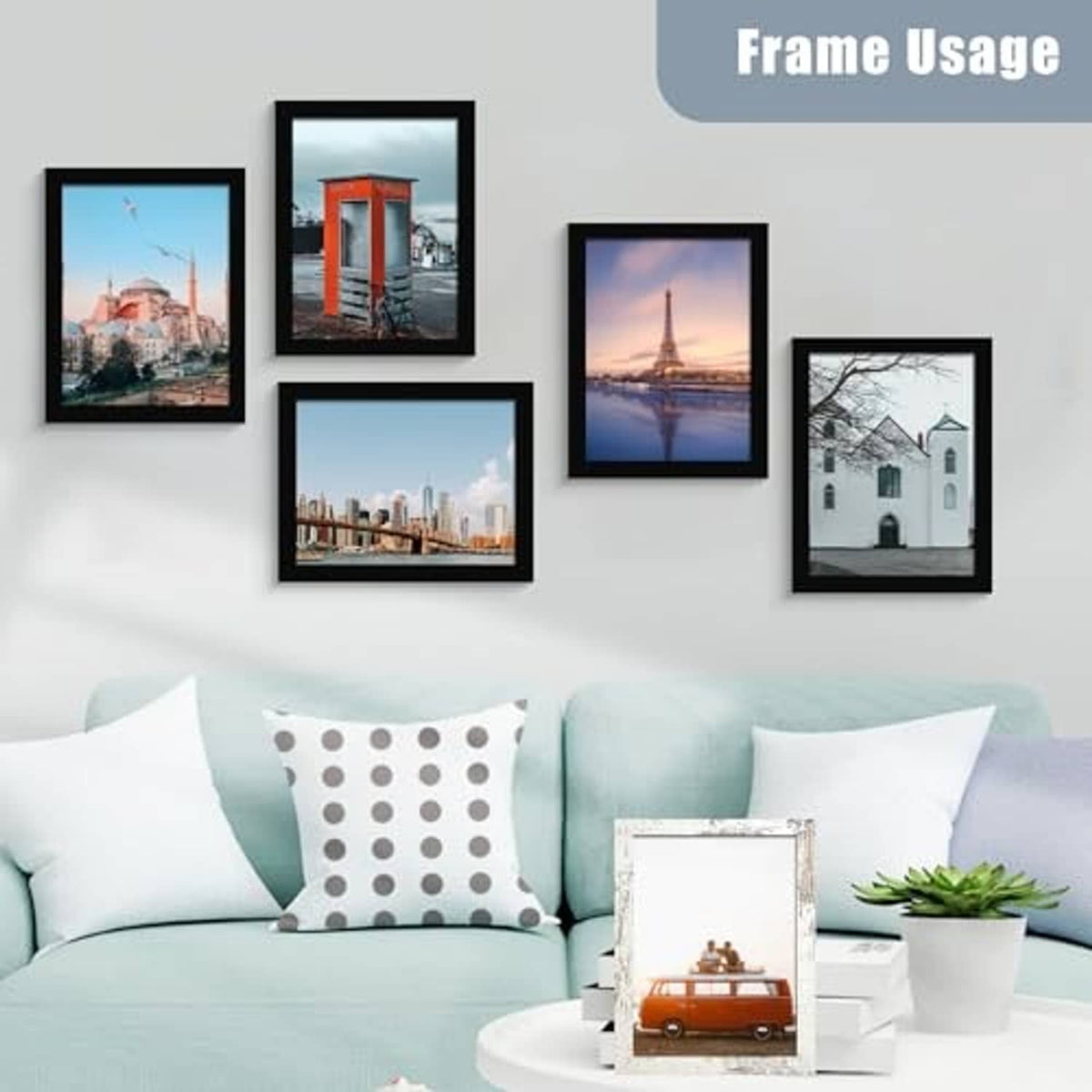 Six black photo frames on a living room wall, 8x10 glass front set