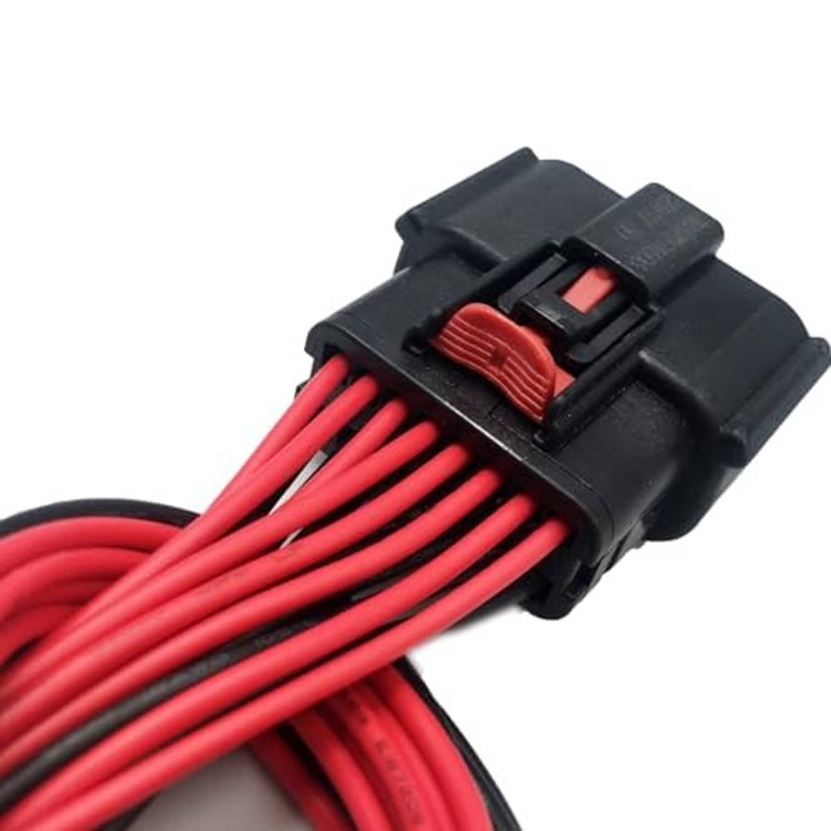 16-pin headlight connector clip with red wire leads and black housing