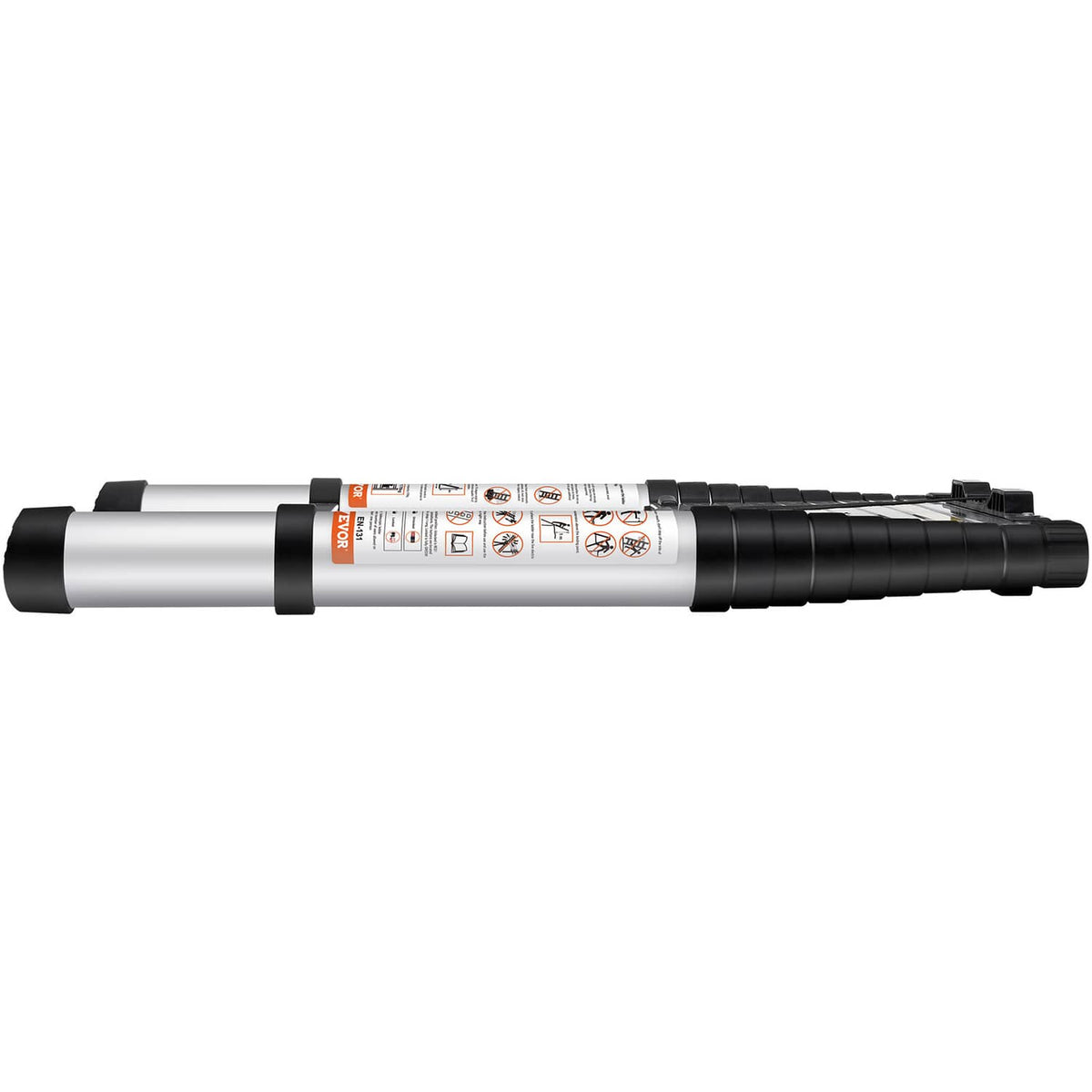 Aluminum telescoping extension ladder with black end caps and grip pads