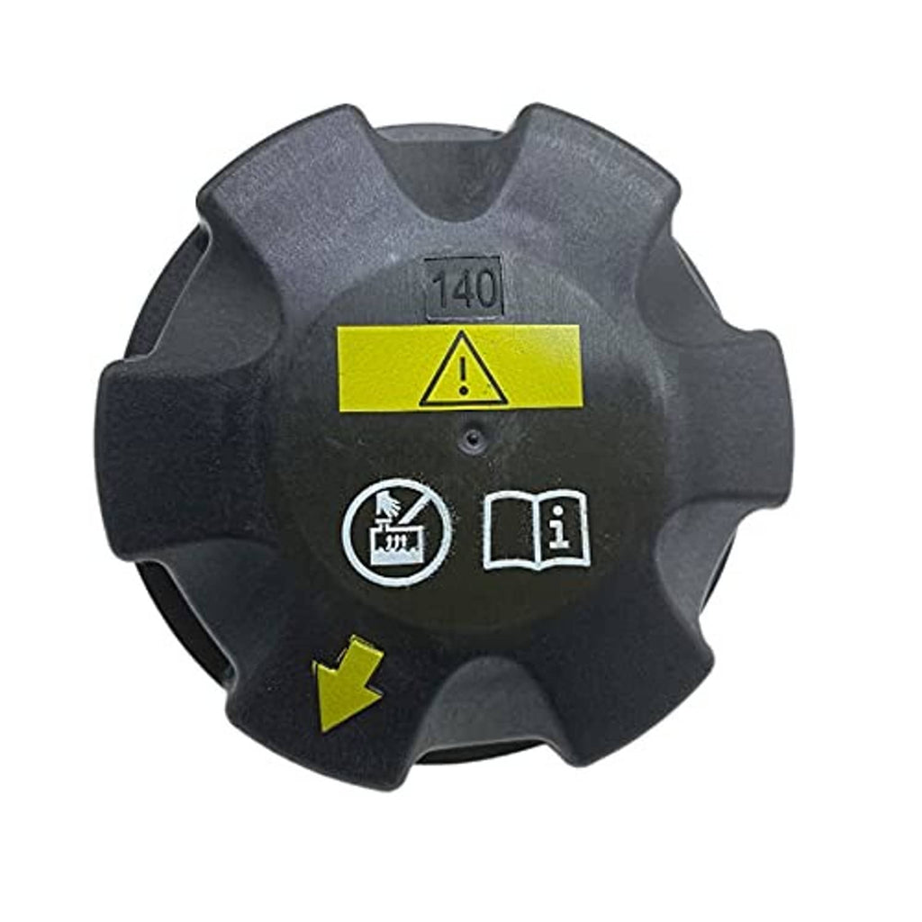 Expansion tank cap, dark grey plastic with yellow caution symbol and icon markings