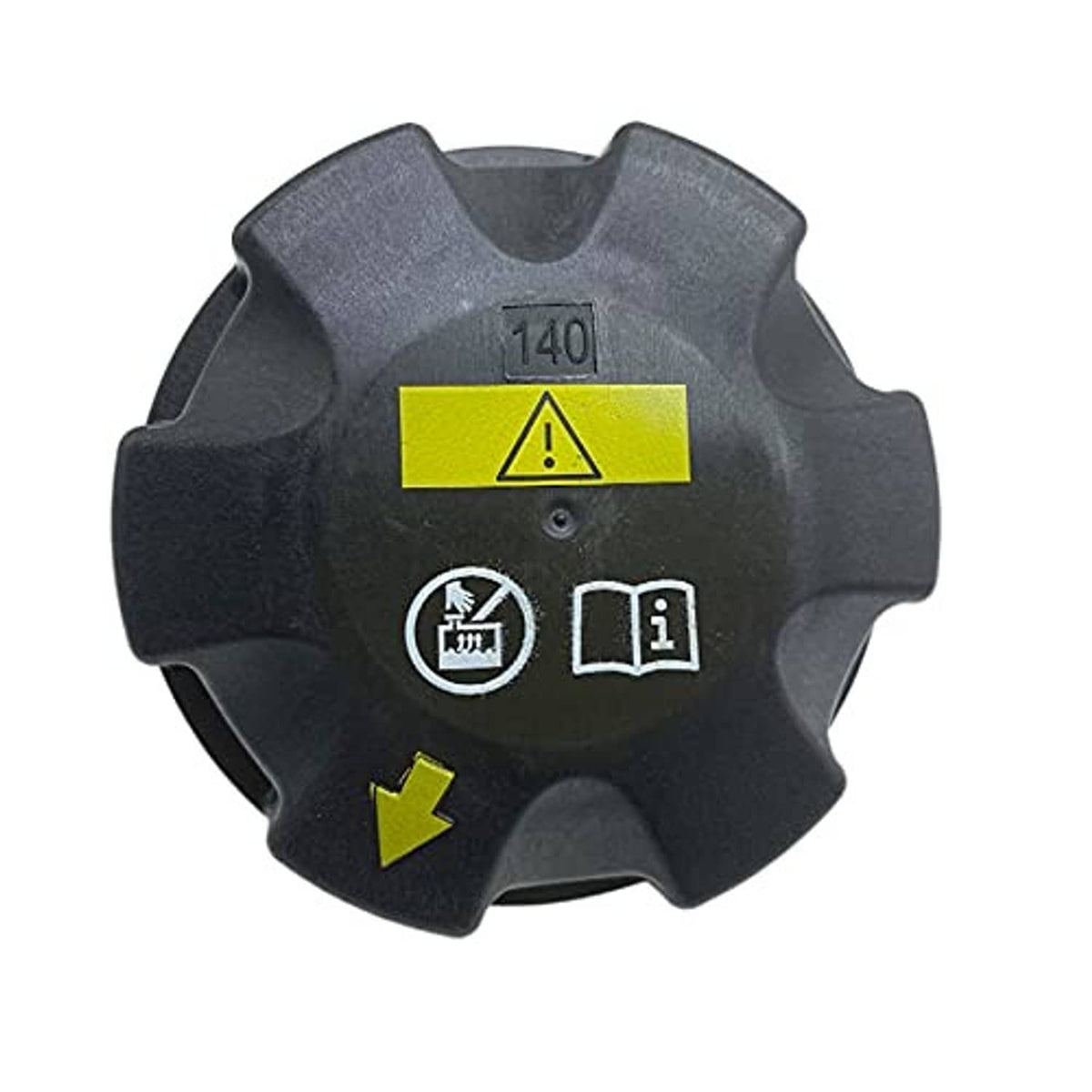 Expansion tank cap, dark grey plastic with yellow caution symbol and icon markings